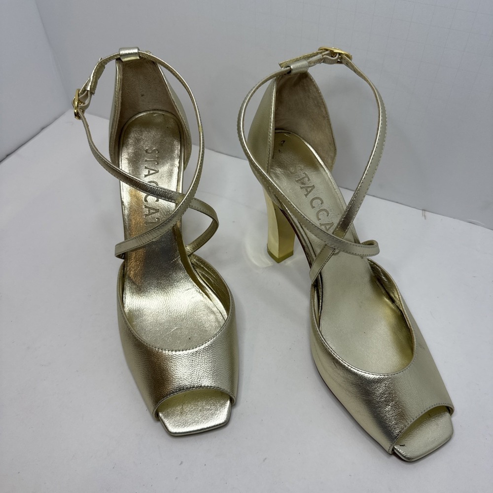 Staccato Women Gazelle Golden Heels Cross Straps Euro Sz‎ 36